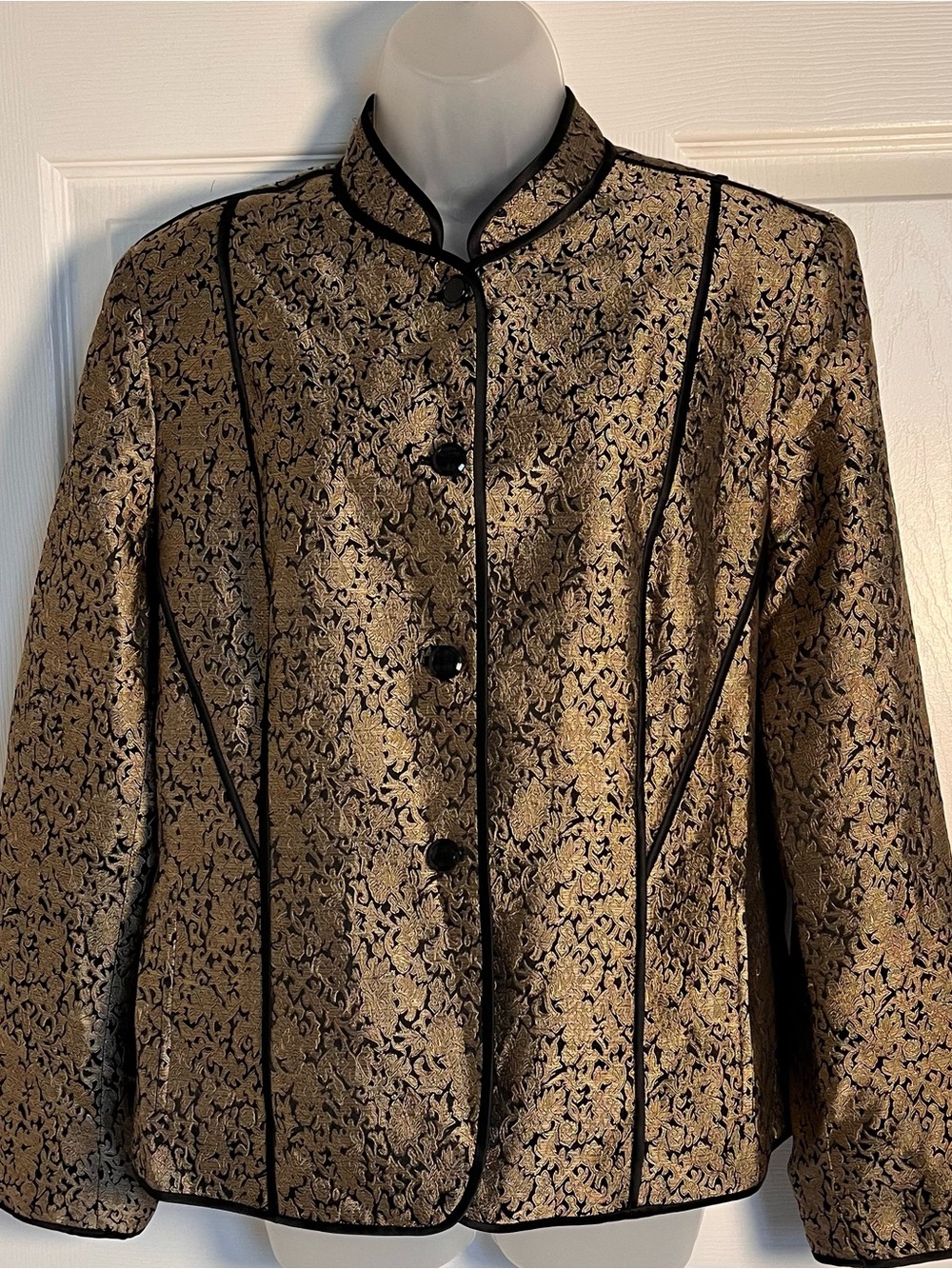 Jones New York Silk Brocade Jacket Gold Black Mandarin Collar Sz 14
